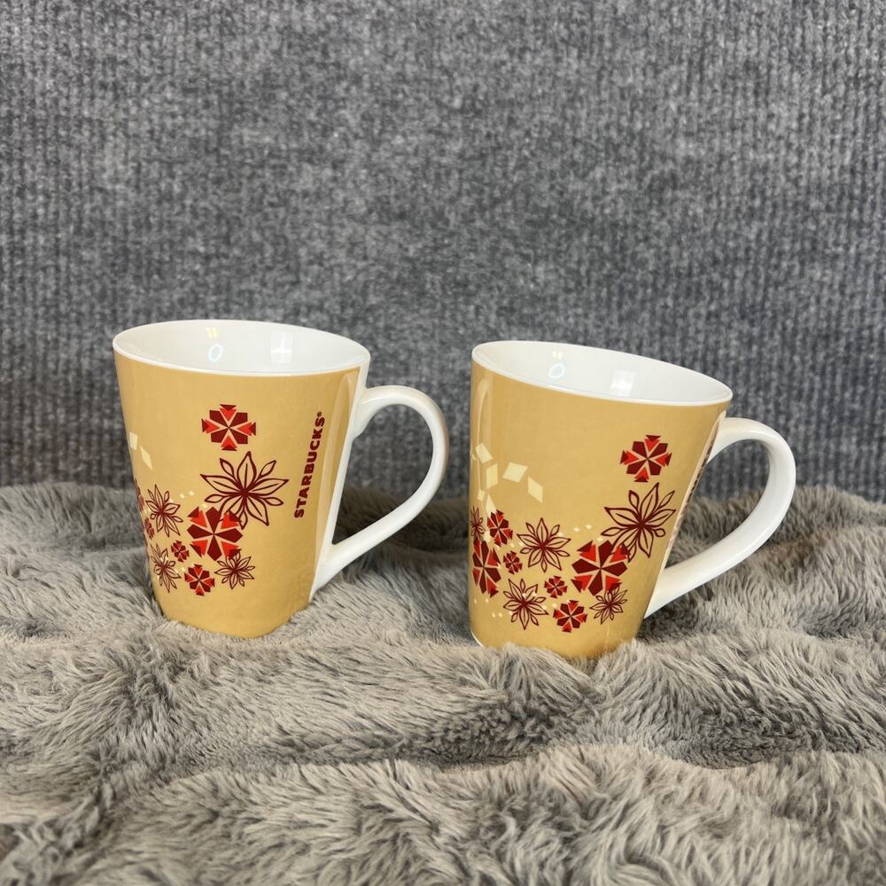 2 Starbucks 2013 Christmas Holiday Coffee Mug Brown Red Geometric Snowflakes
